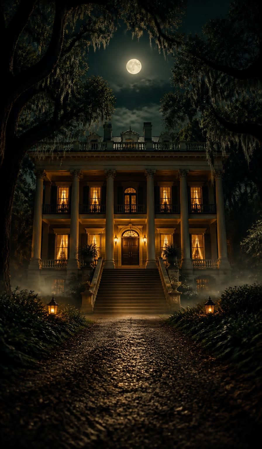 A grand Southern manor house at night seen straight on, moonlight above, lanterns burning either side of the centered front doors, a path leading up the steps